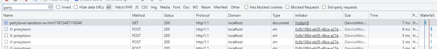 Partytown network requests in DevTools